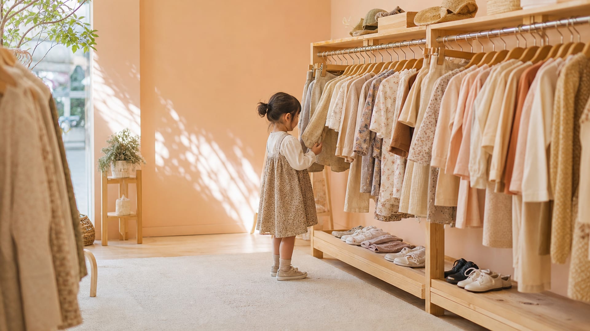 やわらかな自然光が入る子供服セレクトショップの店内
